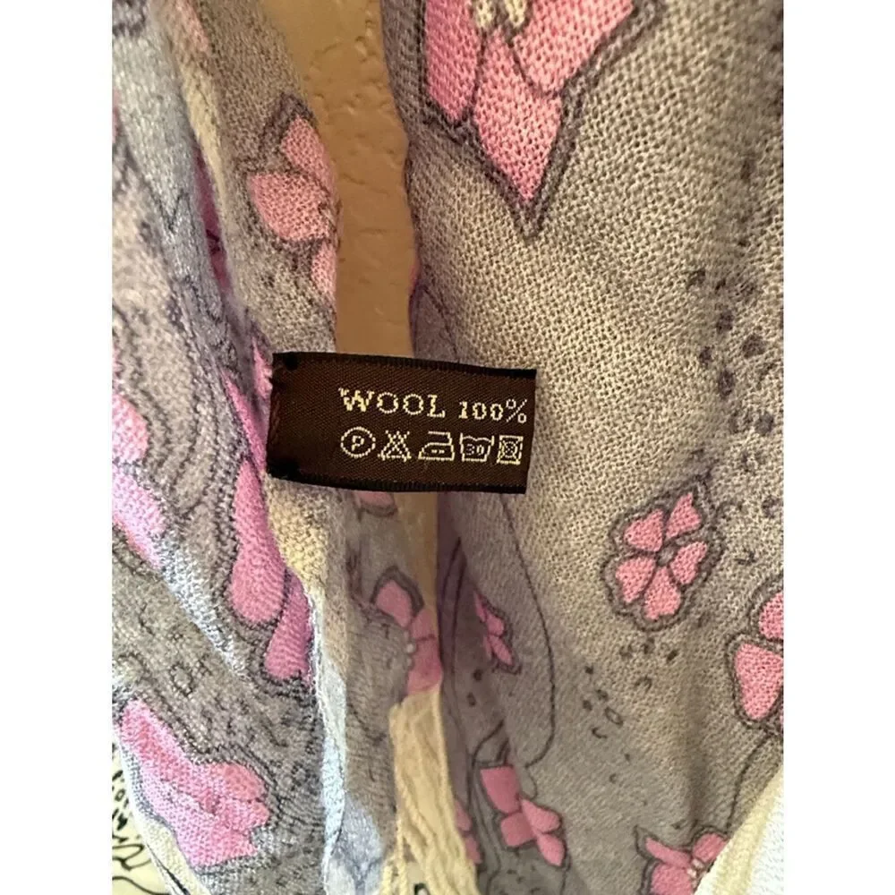 Wool Pashmina Floral Gray and Pink Wrap Scarf